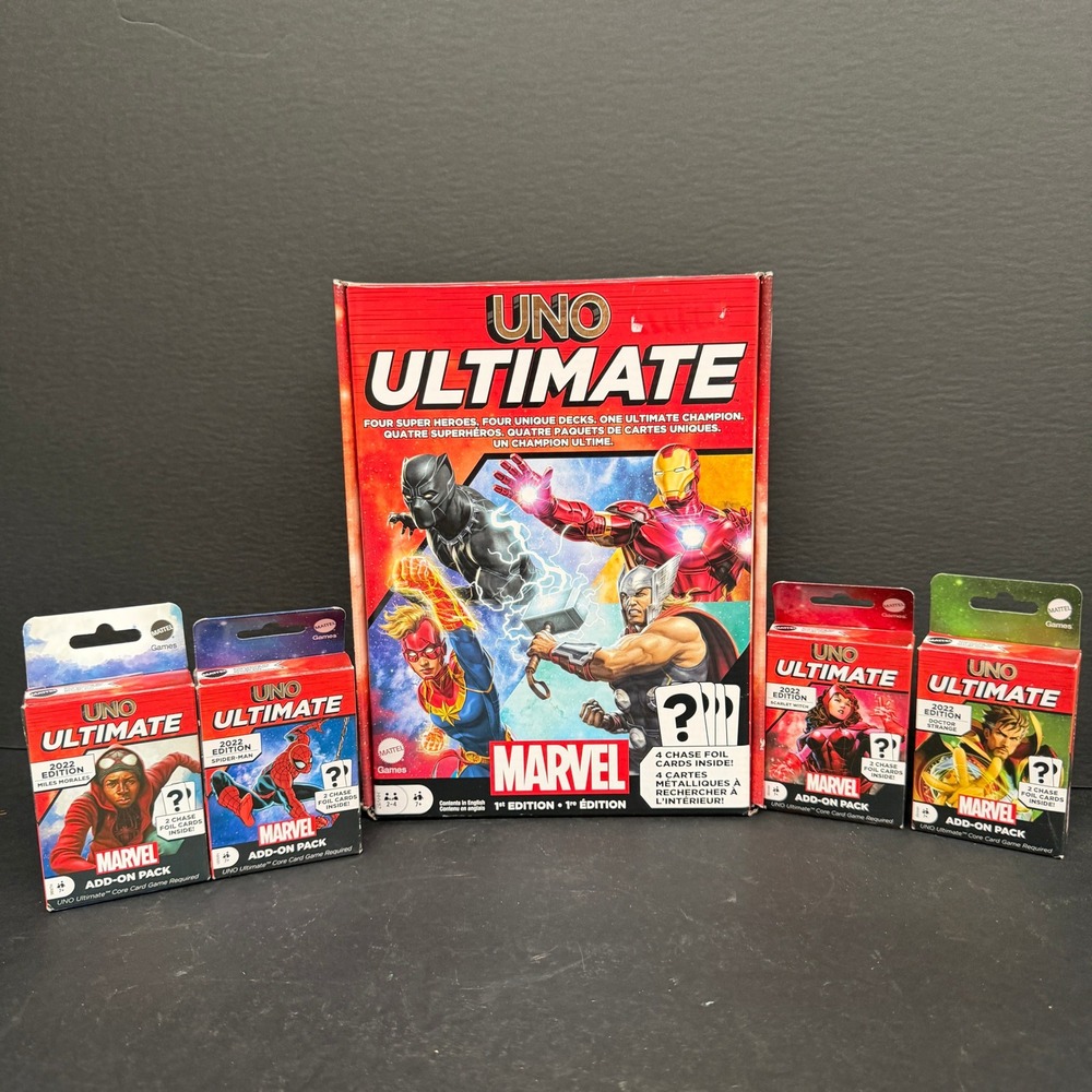 2022 Mattel Uno Ultimate Marvel Card Game Bundle 4 Add-On Packs, 2 NEW, MCU